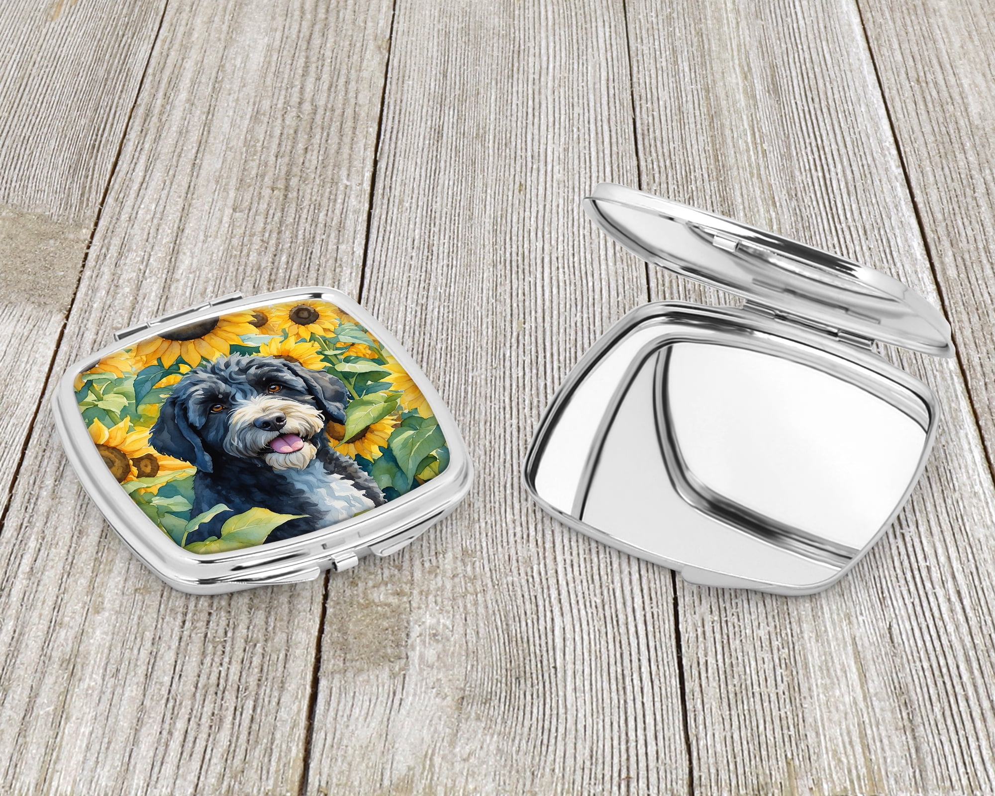 Portuguese Water Dog in Sunflowers Compact Mirror 2.75 in x 3 in