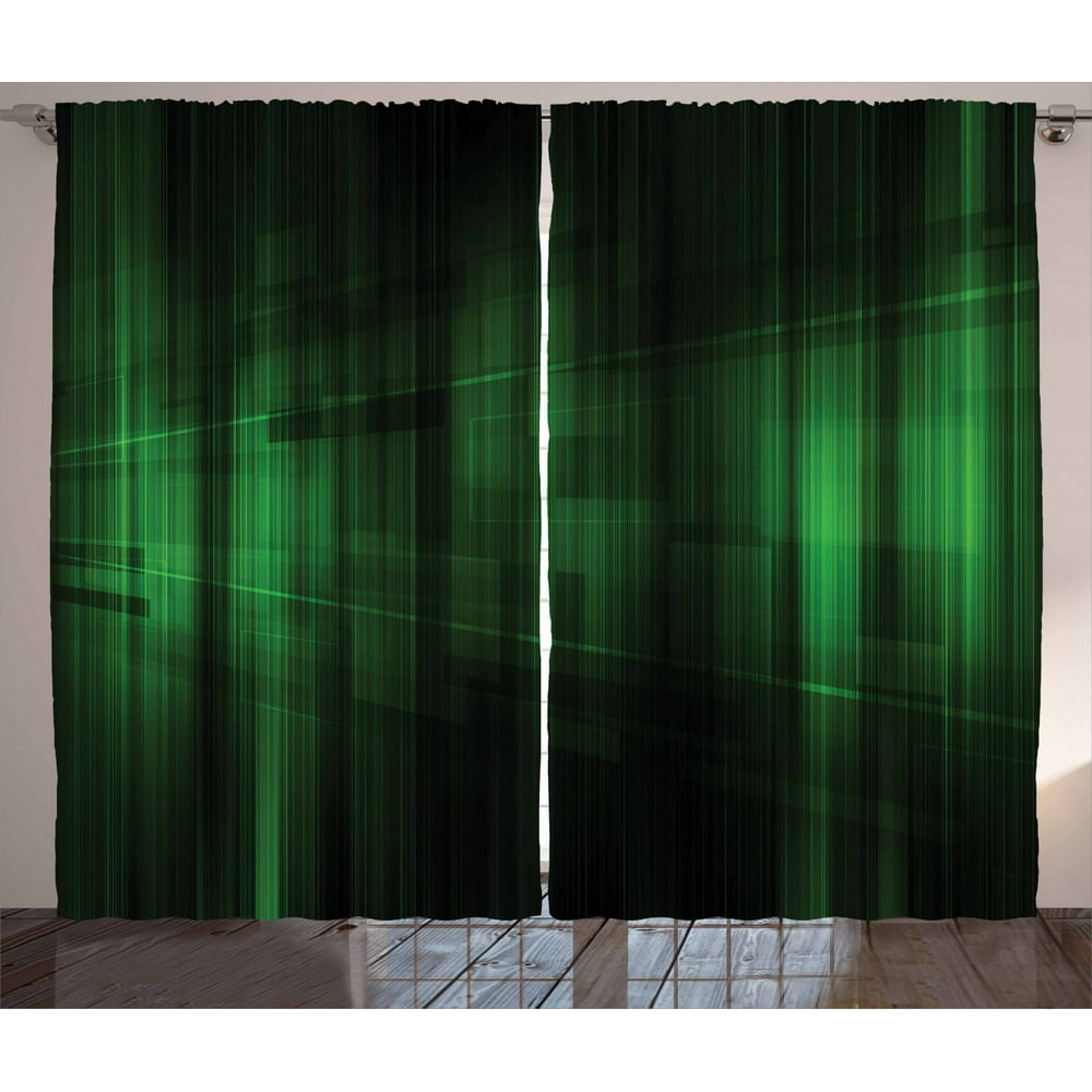 Forest Green Curtains 2 Panels Set, Vibrant Technology Pattern with