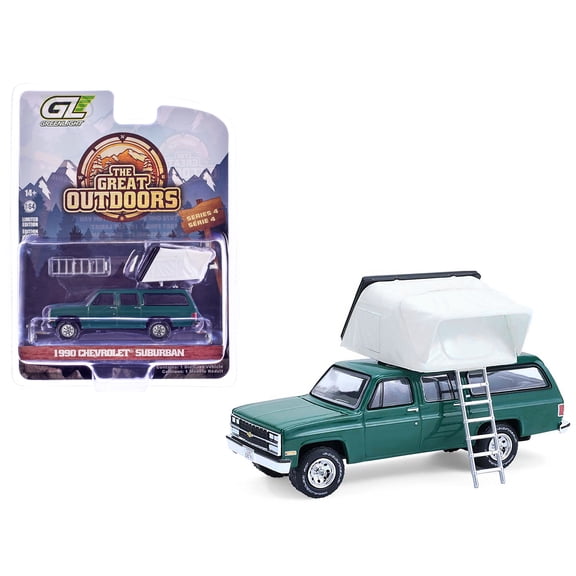 1990 Chevrolet Suburban Green with Modern Rooftop Camper "The Great Outdoors" Series 1/64 Scale Diecast Model Cars by Greenlight