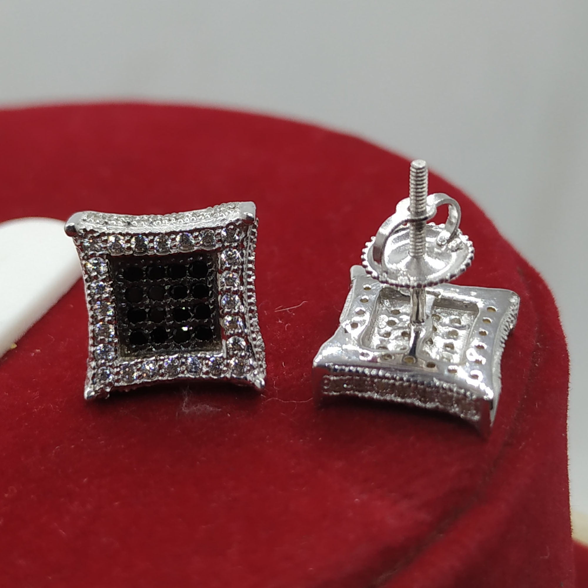 0.25 CT Men's 925 Silver Kite Shape Earrings with Clear, Black & White CZ Square Stud Design, 10mm, 14K White Gold Plated Silver - Unisex Earrings for Men and Women