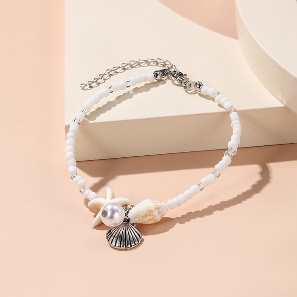 Nvzi Pulsera de tobillo con forma de estrella de mar y tortuga azul Pulsera de tobillo con forma de estrella de mar y tortuga azul Pulsera de cuerda Pulsera de estrellas, Blanco C