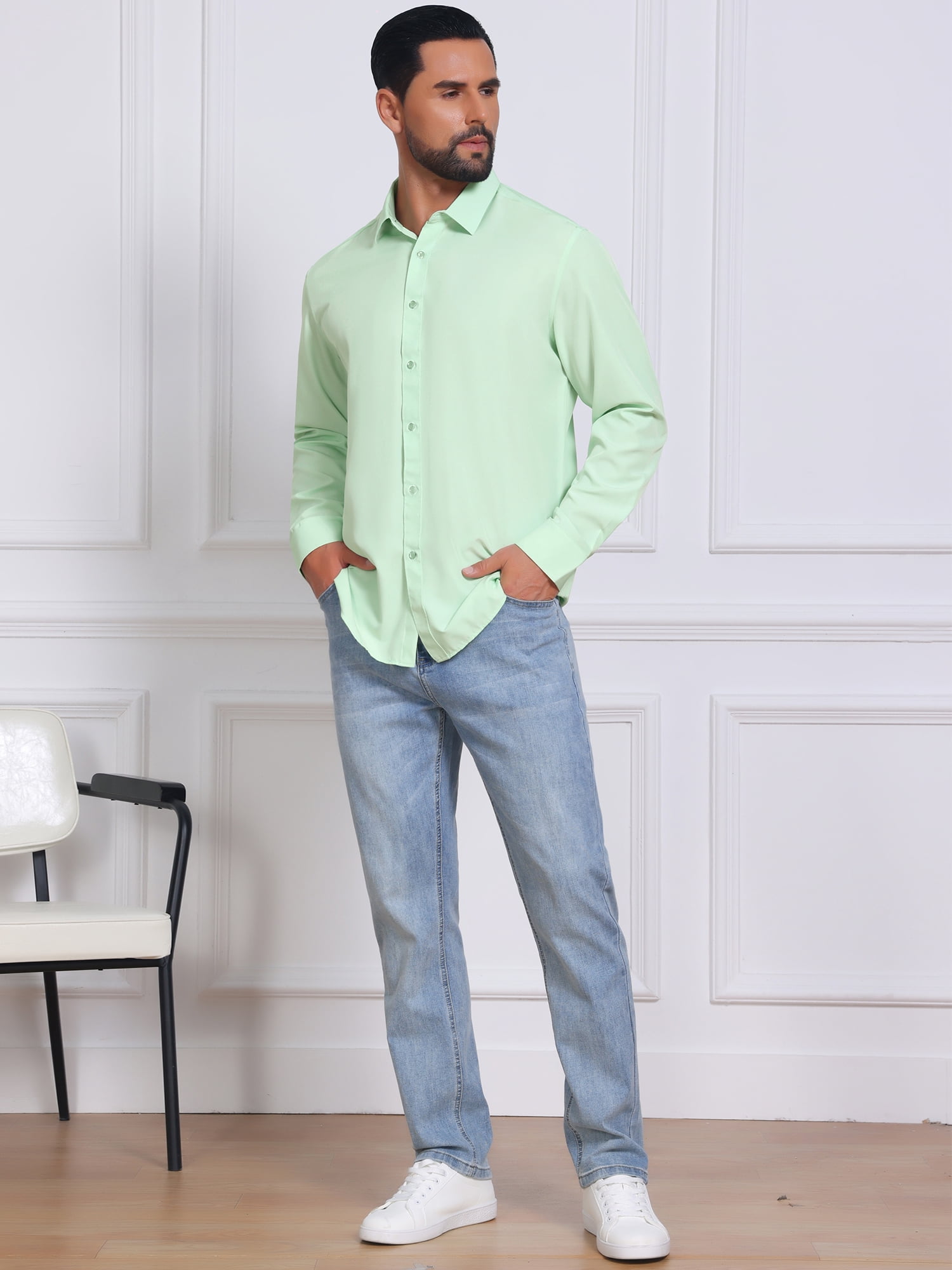 DARING DIVA Men's Solid Color Button Down Long Sleeves Stretch Shirts S Light Green