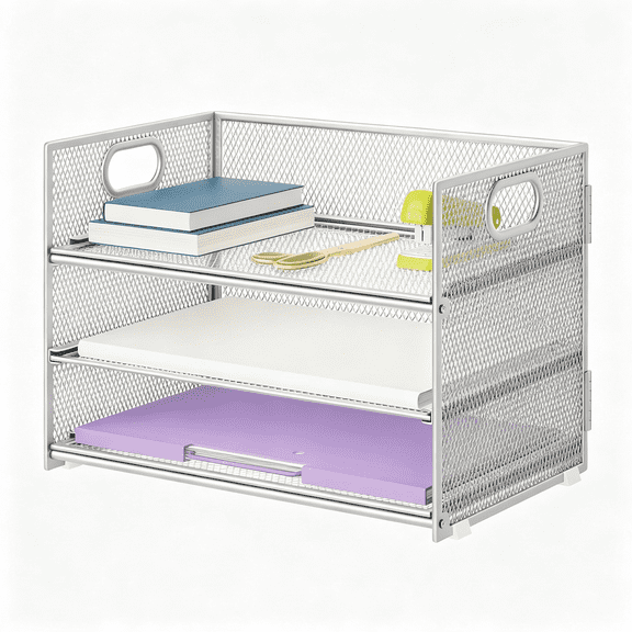 LQSEO 3 Tier Paper Organizer Letter Tray, Mesh File Organizer with Handle, Paper Sorter Desk Organizer for Home Office Supplies Paper Organizer for Desk - Silver