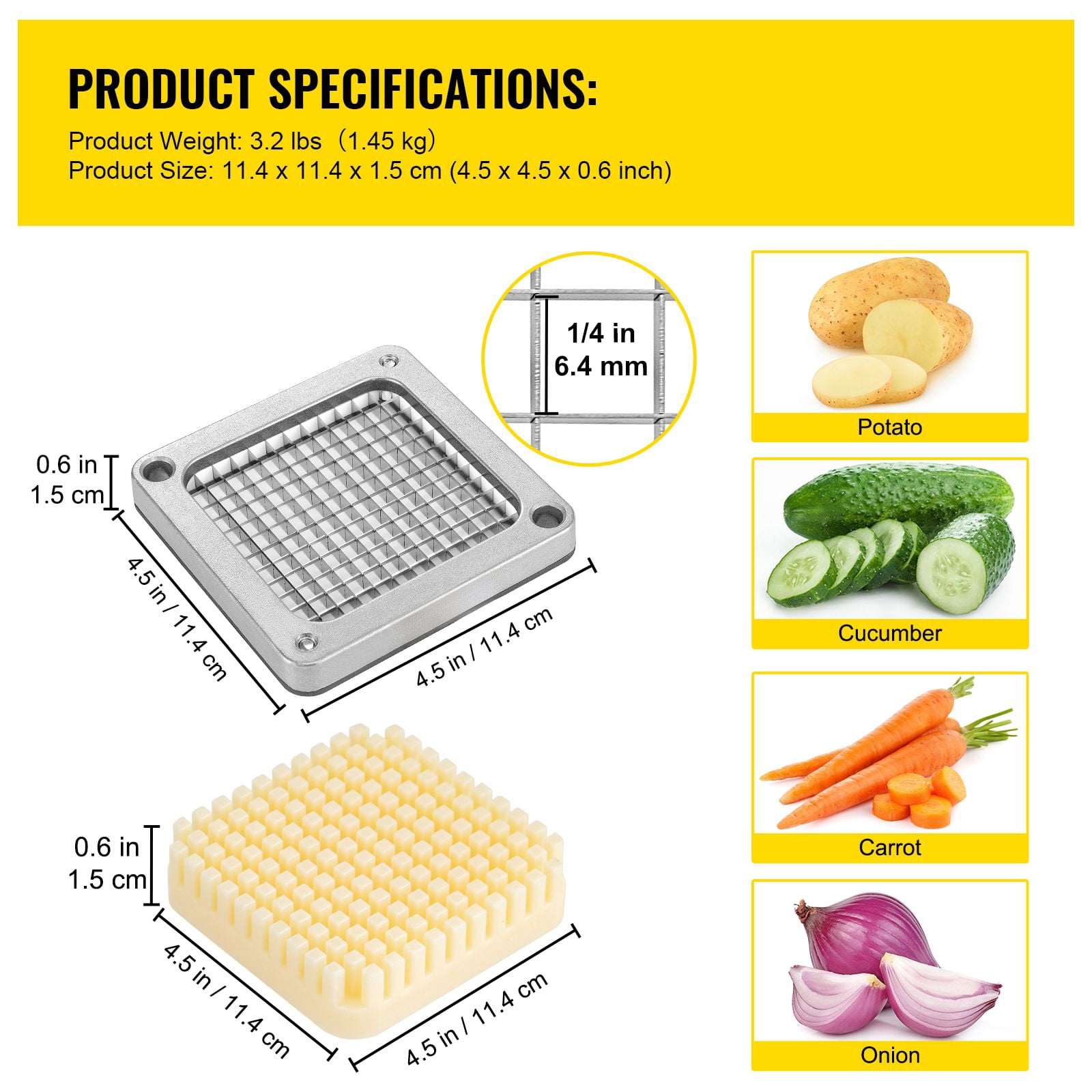 Replacement Chopper Blades 3-Pack, 1/4 Inch Cutting Size, Stainless Steel Blades with Aluminum Frame, Detachable, Compatible with Commercial Vegetable Choppers