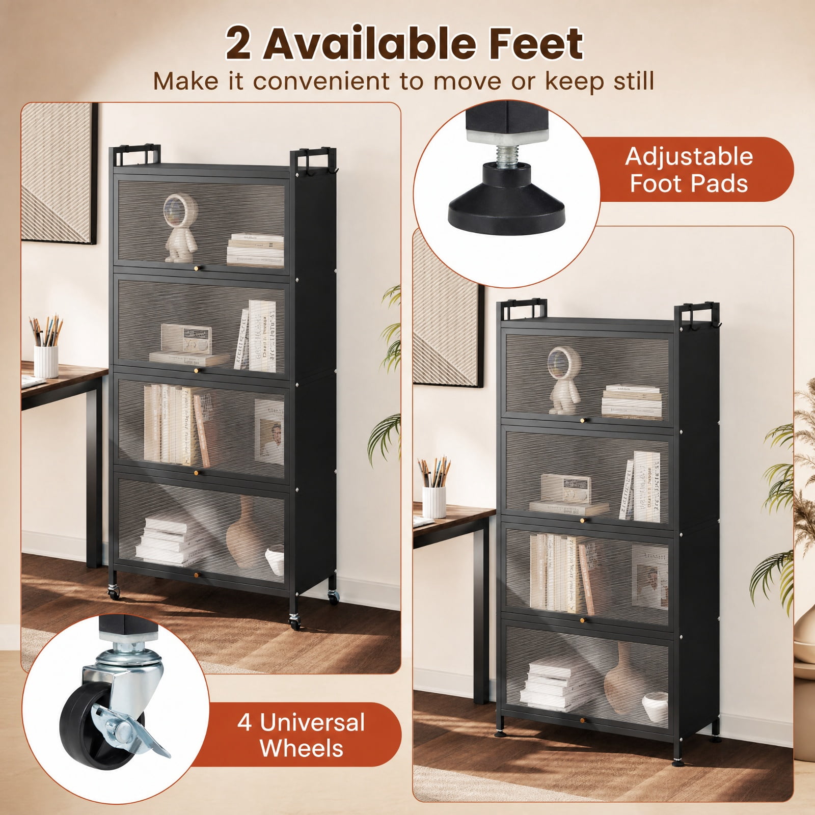 Furnibear 5 Tier Kitchen Storage Cabinet with 4 Flip Up Doors Rolling Wheels and Hooks Tall Metal Pantry for Kitchen and Garage, Black
