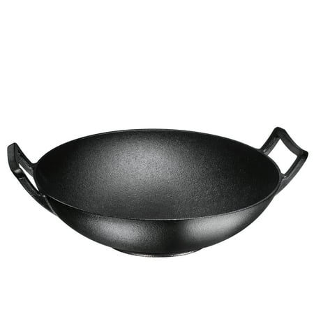 Bruntmor, Pre-Seasoned Cast Iron Wok, Black, 14-inch w/ Large Loop Handles & Flat Base