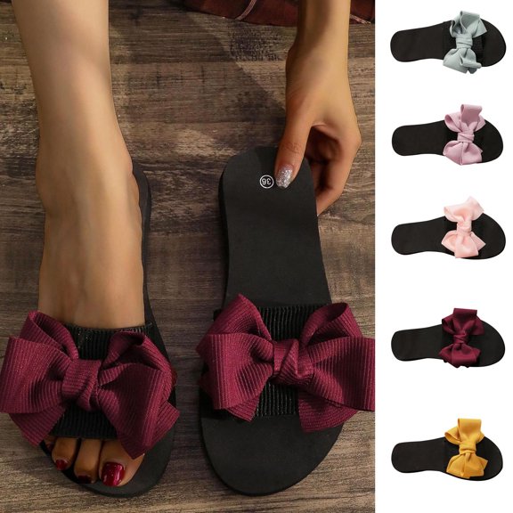 Jacenvly 2024 New Women's Summer New One-Line Rhinestone Pearl Bow Over Flat Sandals Light Blue Sandals for Women