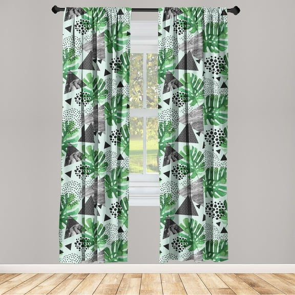 Tropical Window Curtains, Retro Style Repetitive Triangles with Exotic Leaves Hand-Drawn Art, Lightweight Decor 2-Panel Set with Rod Pocket, Pair of - 28"x63", Fern Green and Dark Grey, by Ambesonne