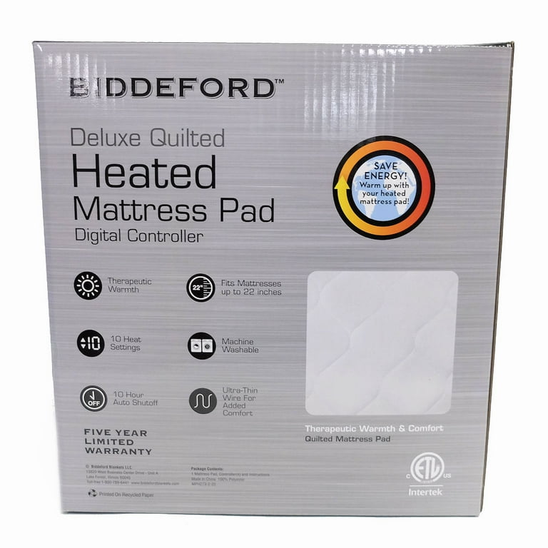 Biddeford Deluxe Quilted Heated Mattress Pad Full, White - Walmart.com
