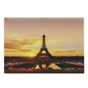 Eiffel Tower Cutting Board, View of Eiffel Tower at Sunrise Paris Historical Monument Panoramic, Decorative Tempered Glass Cutting and Serving Board, Large Size, Marigold Rose Brown, by Ambesonne