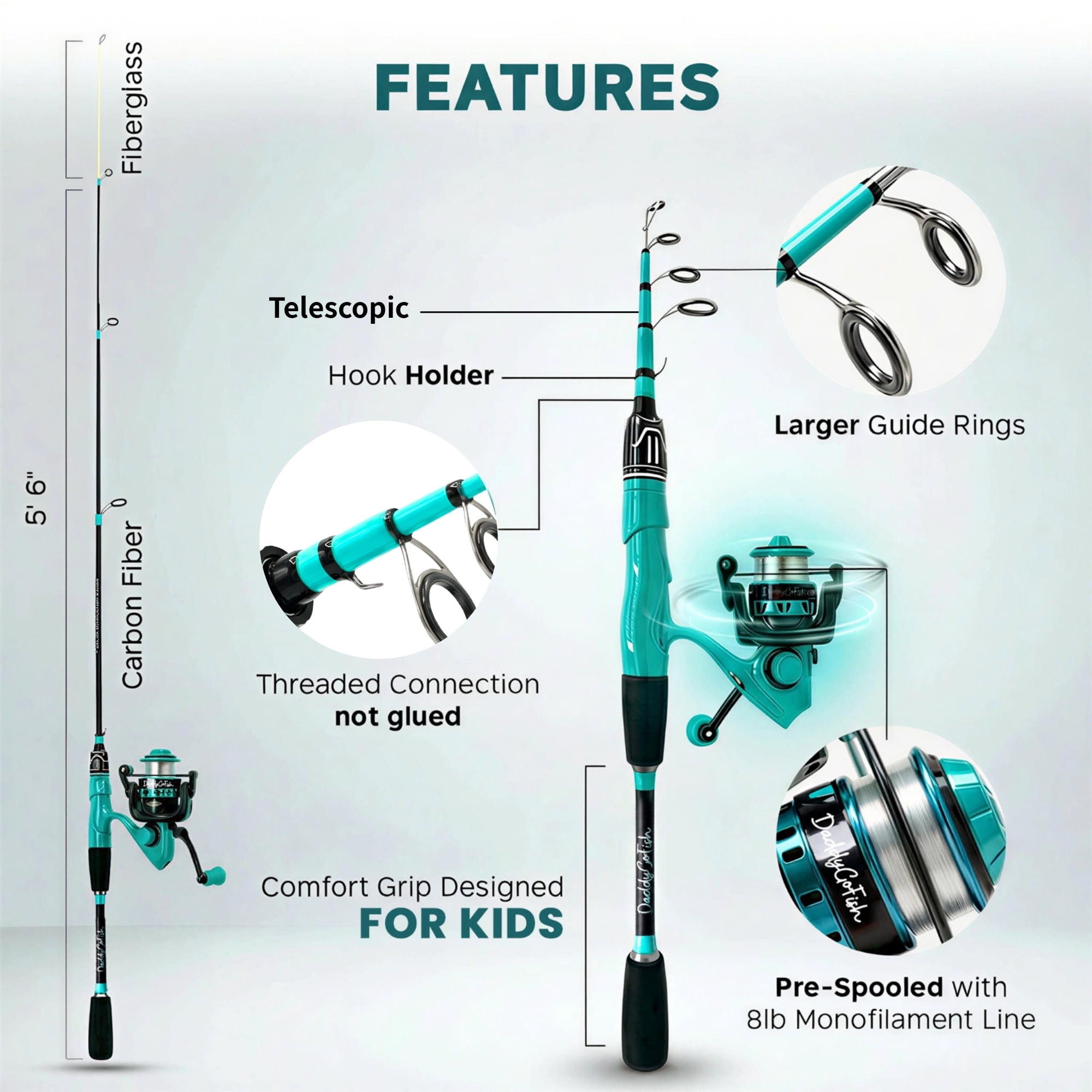 DaddyGoFish Spinning Fishing Rod and Reel Combo Set with Tackle Box | Fishing Pole | Carbon Fiber Telescopic Fishing Rod Kit | Spinning Reel for Travel Saltwater Freshwater Fishing Gear Kit