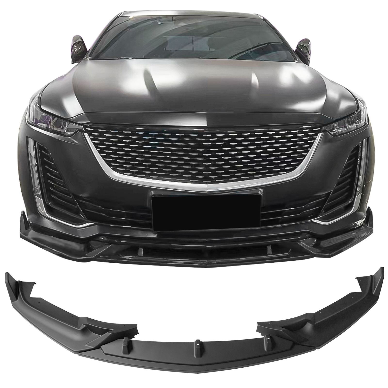 Ikon Motorsports Compatible with 20-24 Cadillac CT5 3PCS Front Bumper Lip Spoiler Kit IKON Style PP Matte Black