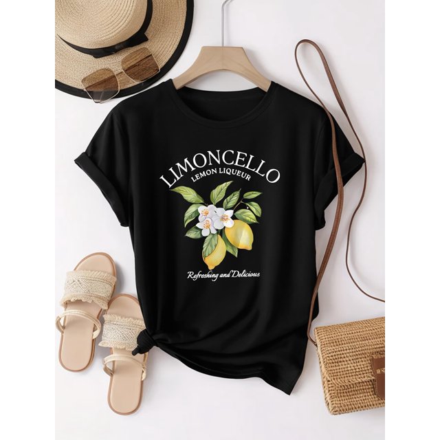 Women's Lemon Print Casual T-Shirt - Short Sleeve, Crew Neck, Stretchy Cotton Blend, Machine Washable - Perfect for Spring & Summer