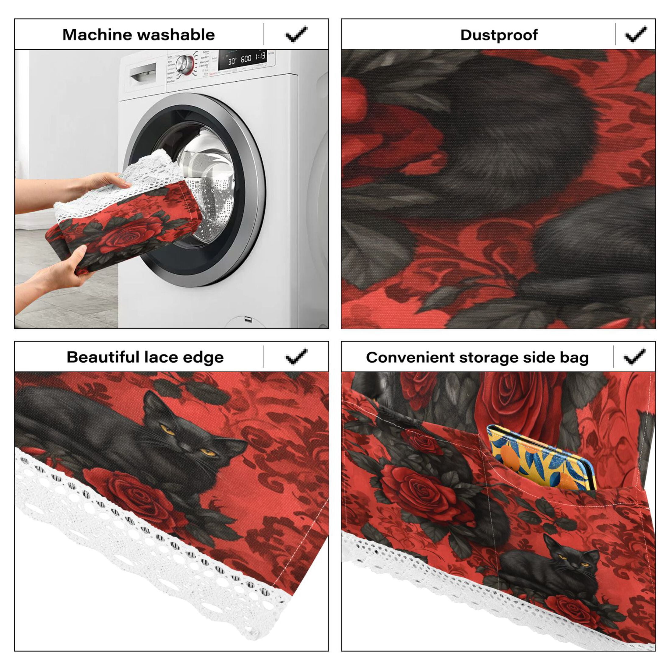 WOBOGO Gothic Roses Black Cats Pattern Washing Machine Cloth Dryer Refrigerator Top Cover Protective Non-Slip Mat For Kitchen Laundry