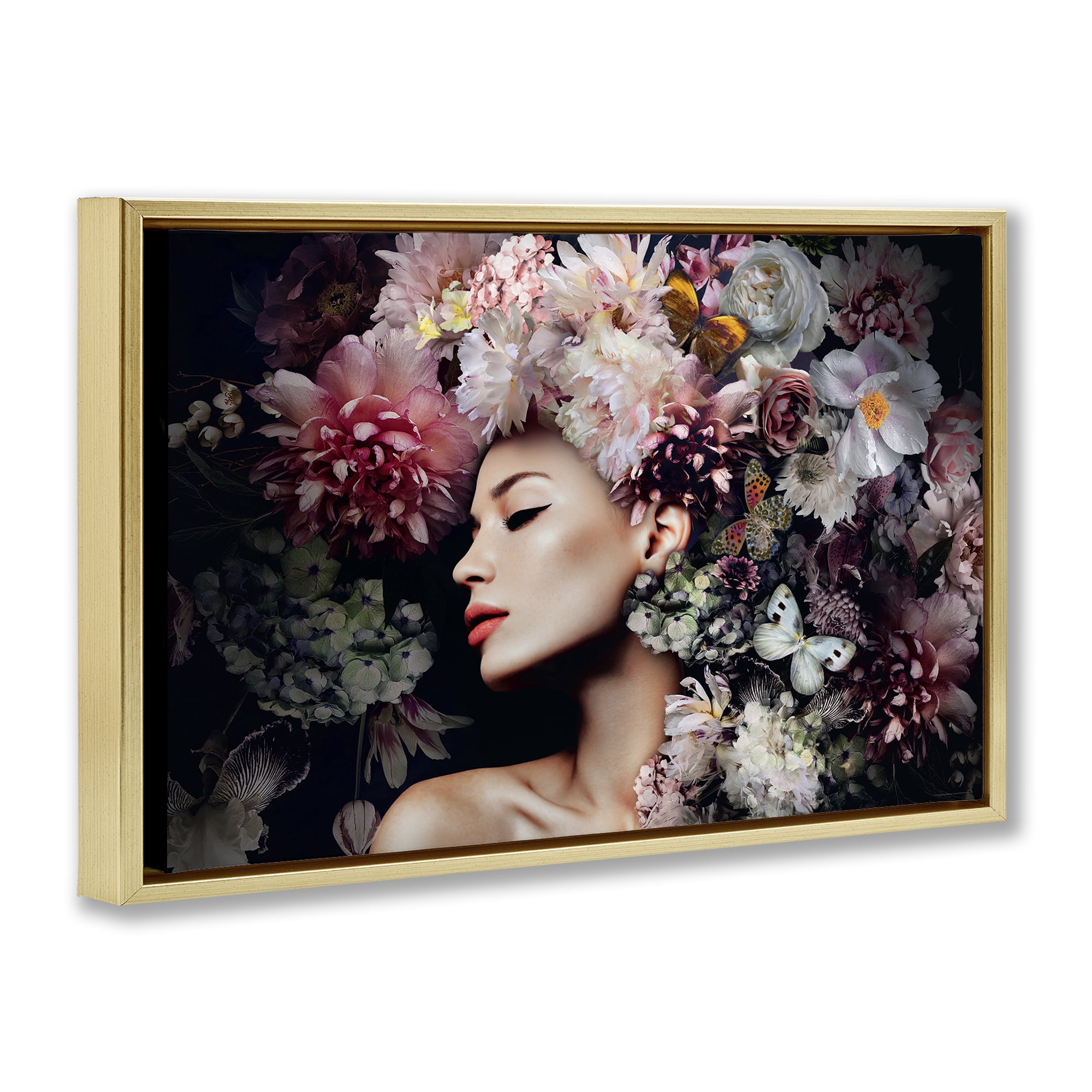 Stupell Industries Nature Florals Female Portrait Plants & Flowers Painting Gold Floater Framed Canvas Art Print Wall Art, 31 x 21