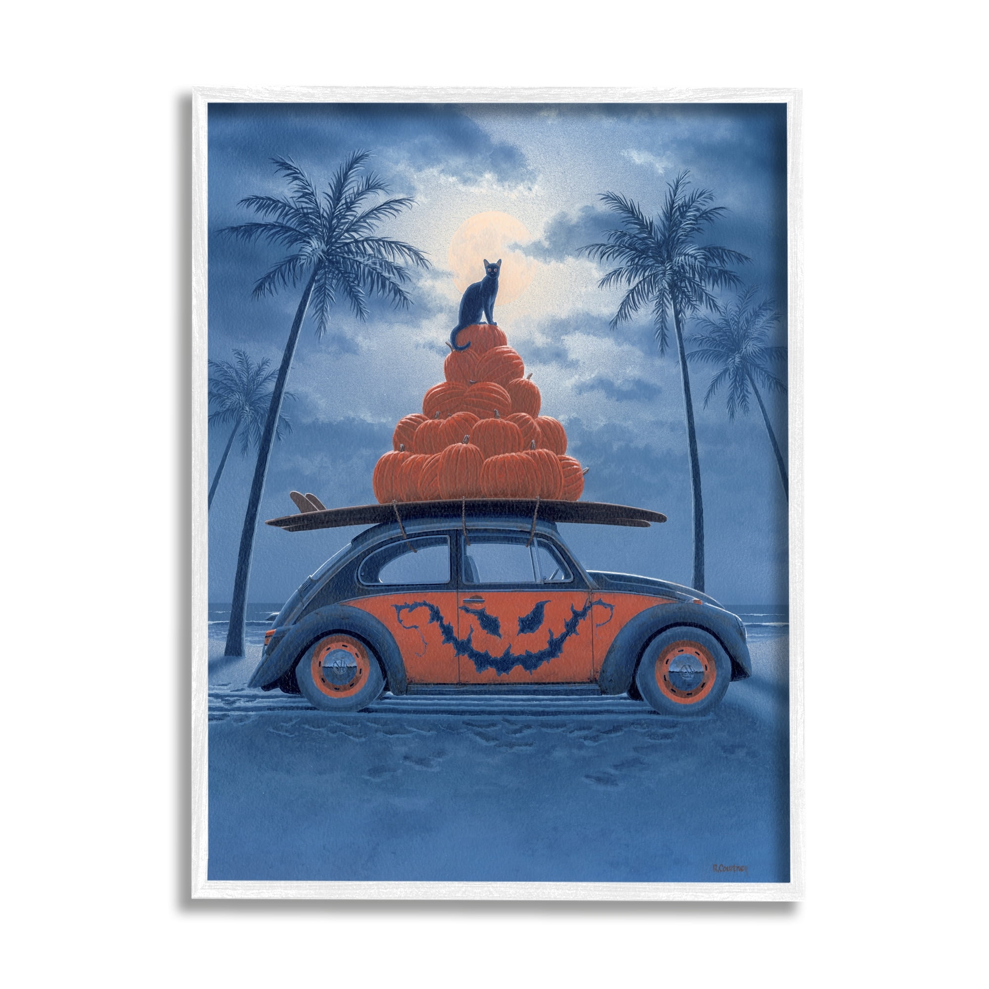 Stupell Industries Spooky Tropical Beach Pumpkin Car Holiday Painting White Framed Art Print Wall Art