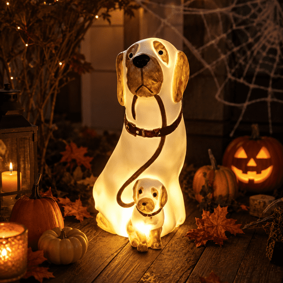 Halloween Ghost Dog LED Figurine, Collectible Resin Light Up Puppy Statue, Cute Spooky Tabletop Decor for Mantel Shelf Entryway Party Home