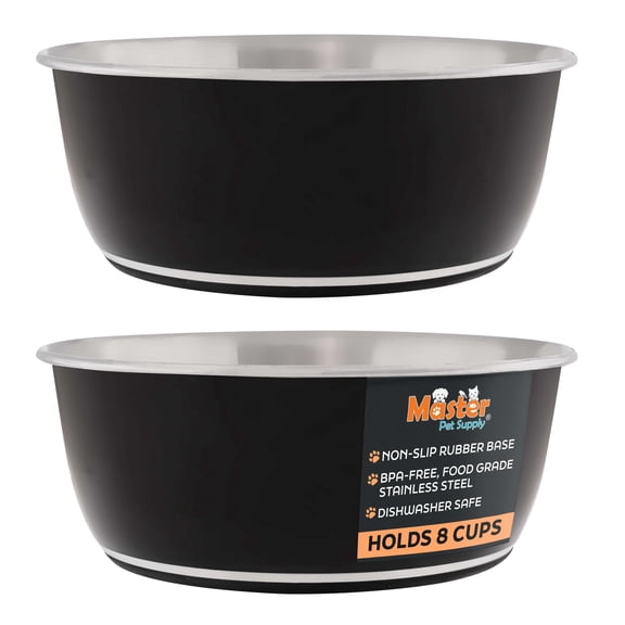 Master Pet Supply Stainless Steel Dog Bowls Set of 2 (64 Oz Each) with Non-Slip Rubber Base - Black Velvet - Basic Dog Food Bowl Water & Food Bowls for Small Medium Large Dogs & Cats, Metal Dish