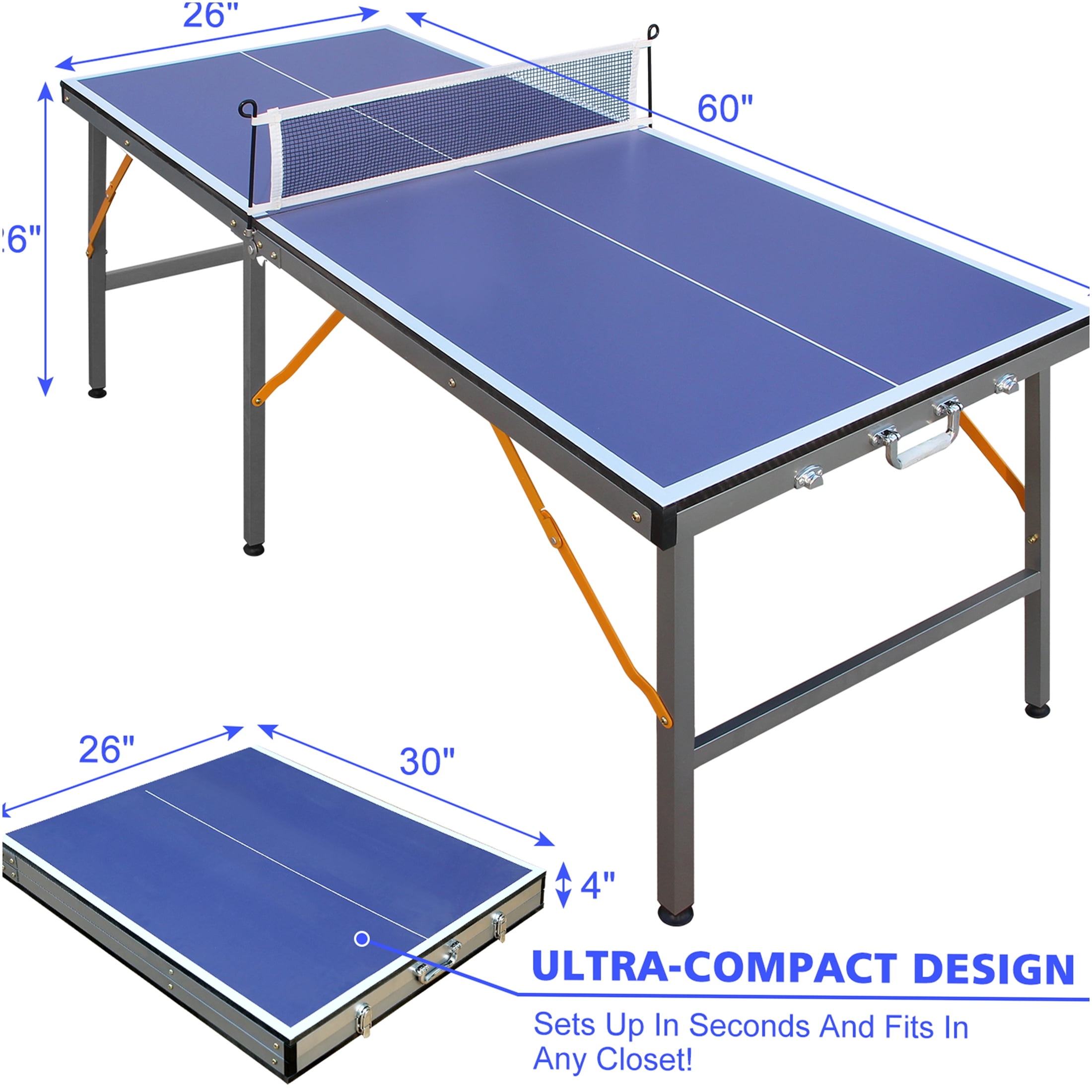 JERFIT 5ft Foldable Ping Pong Table Set with Net & Paddles, Professional MDF Top Indoor Table Tennis Table for Home & Office Games, Blue
