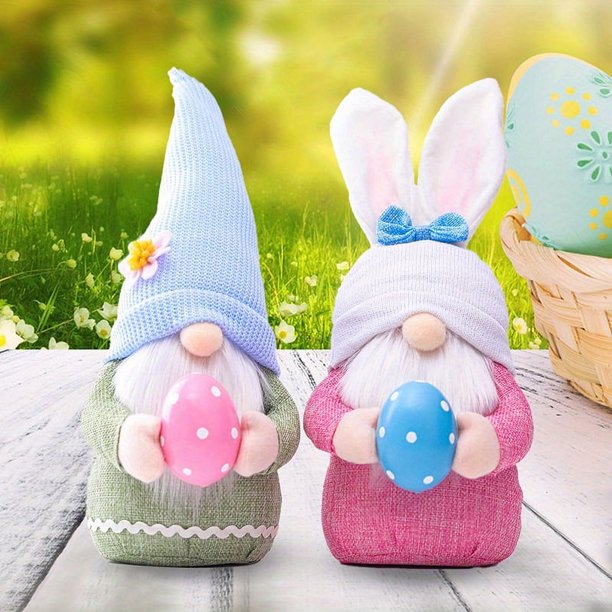 Suministros para fiesta de Pascua, orejas rosas, conejo sosteniendo huevos, muñeca enana, decoración de piso, muñeca de esencia, decoración del hogar