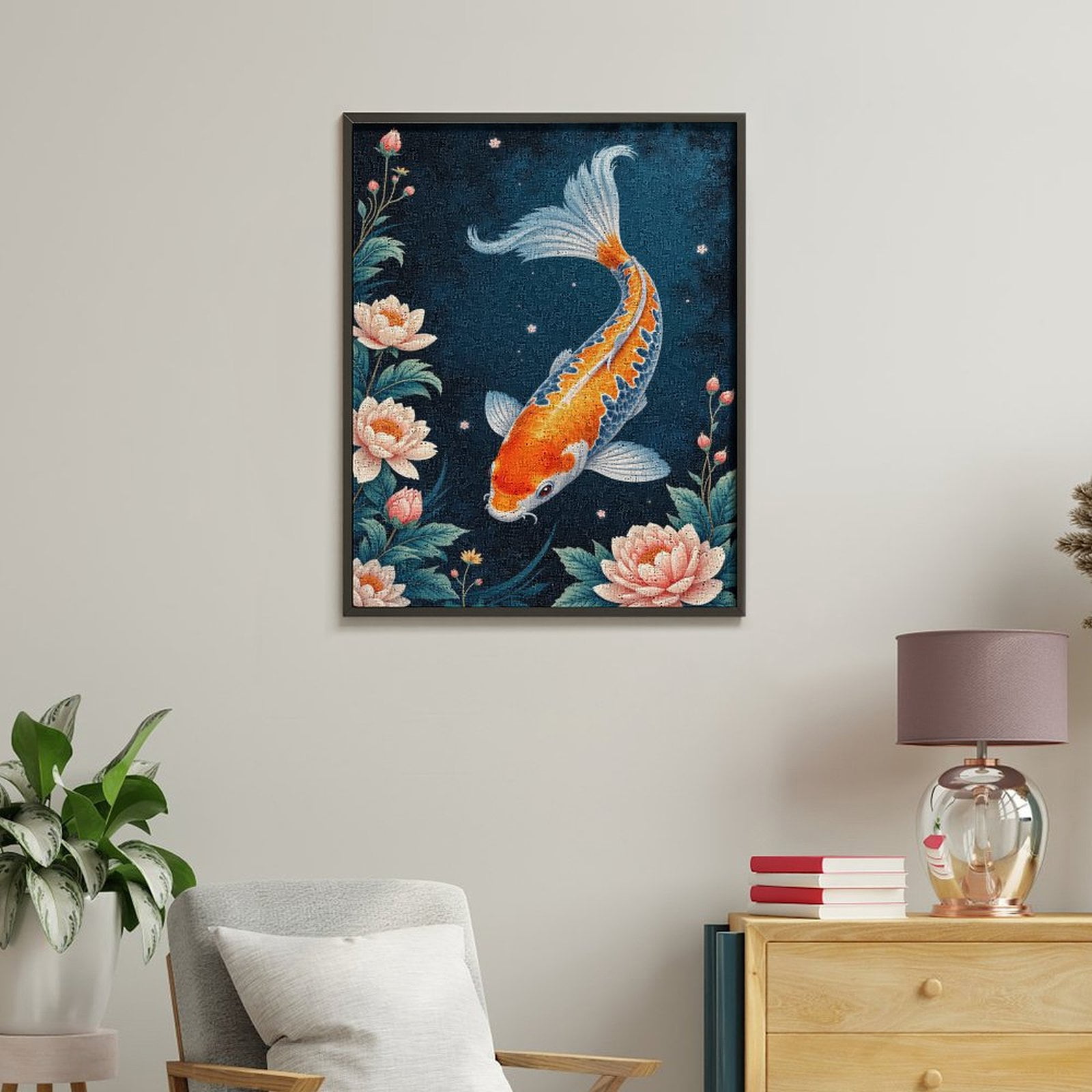 Paint By Numbers Kit for Adults Beginner - DIY Koi Fish Floral Art Blue Background Canvas Painting Kits for Adults, Frameless Paint By Number for Adults for Home Wall Decor 16x20 Inch