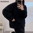 thumbnail image 5 of DUOJIHUI-Conjunto de ropa de dormir de franela gruesa y cálida para mujer, pijama Simple de manga larga con cremallera, en 7 colores, a la moda, color negro, Invierno, 5 of 5
