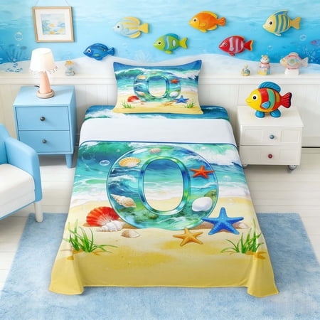 Manfei Cartoon Initial O Beach Seashell Starfish Twin Sheet Sets for Kids Boys and Girls Nautical Alphabet Print Bedding 3pcs 1 Flat Sheet 1 Fitted Sheet and 1 Pillowcase