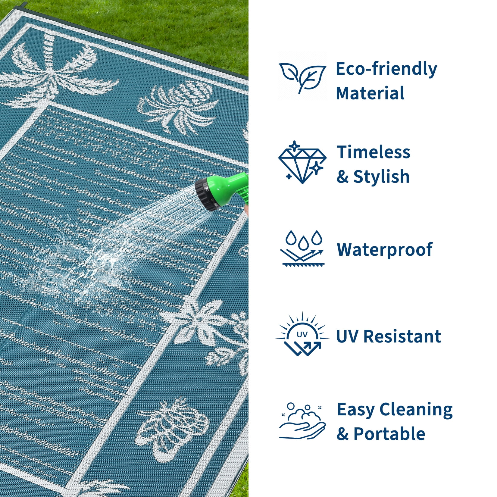 HIWEAVER Gray/Blue 8'x 10' Outdoor Rug Garden Decor Floral Bordered Carpet Plastic Straw Waterproof Reversible Patio Area Rug for Balcony Deck Picnic Portable Camping Mat