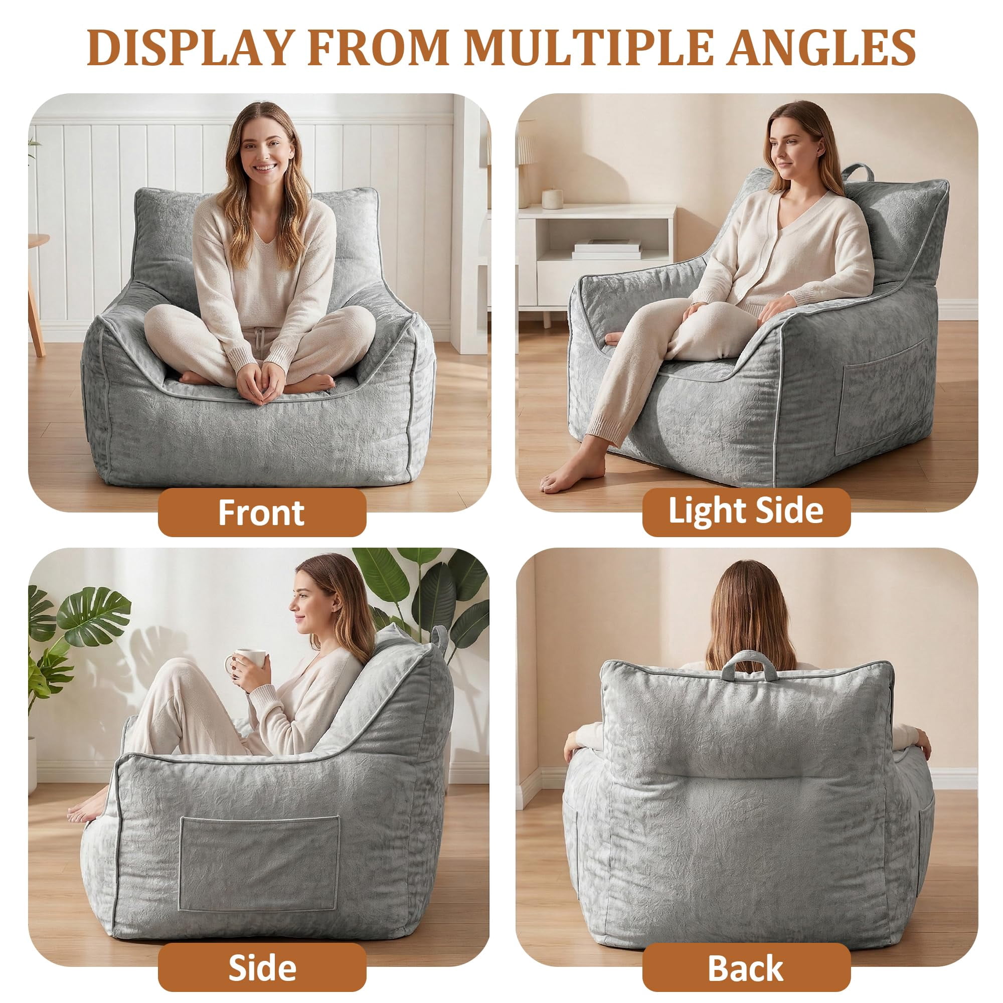 Danolapsi Bean Bag Chair, Comfy Bean Bag Sofa with Back Support, Soft Chenille Lazy Chair for Adults, Shredded Foam Couch Single Lounges for Apartments, Living Rooms, Bedrooms, Games, Reading