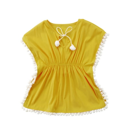 

Fullvigor Baby Girls Beach Dress Flower Print Tassel Pompom Swimsuit Cover Up