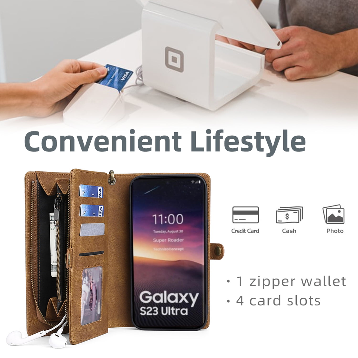 Detachable Wallet Case for iPhone 7 / iPhone 8 / iPhone SE 2022 & 2020, 2-in-1 Zipper Wallet with Credit Card Holder, PU Leather Wrist Strap Flip Stand Shockproof Magnetic Purse Phone Cover, Brown
