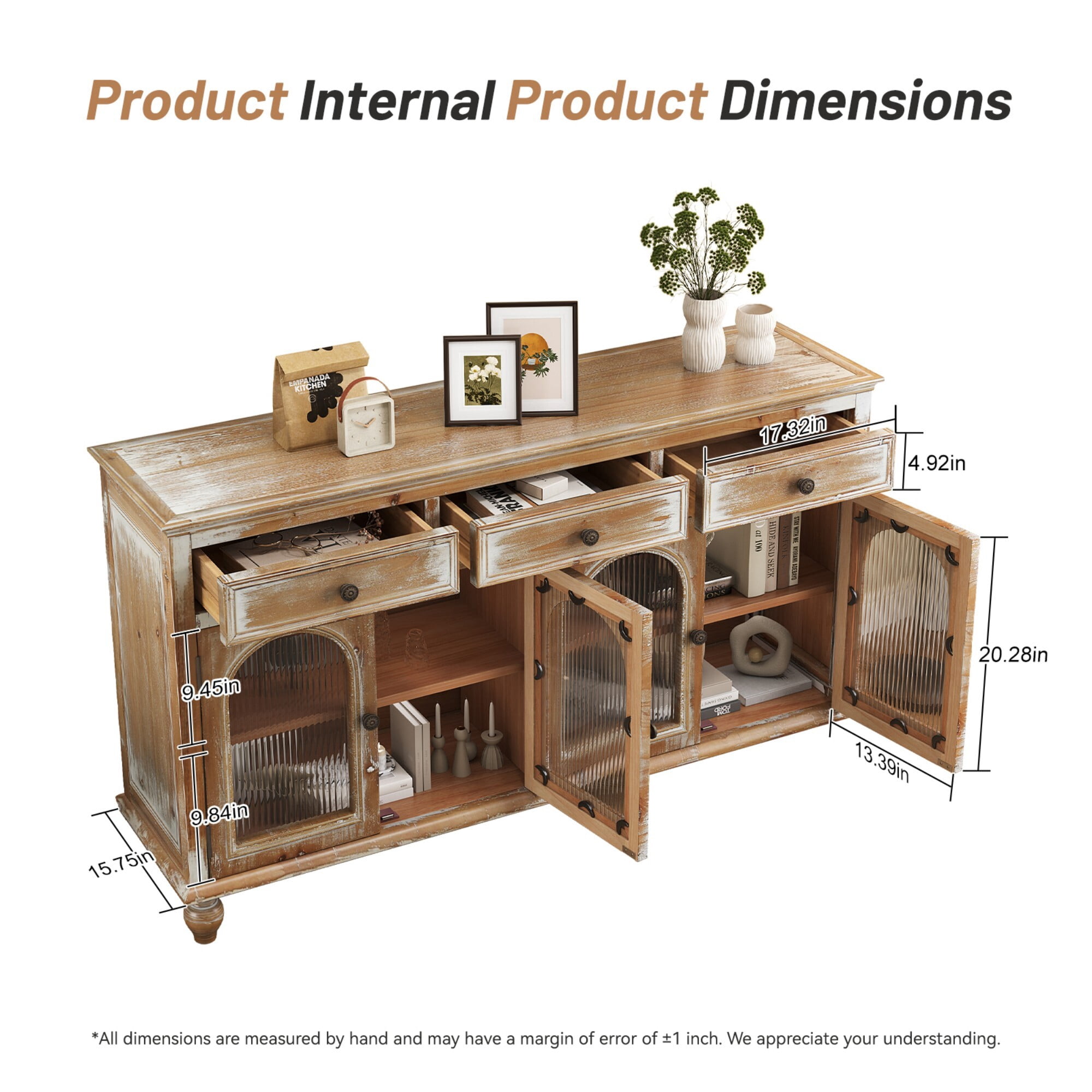AENKYO 59" Farmhouse Sideboard Buffet, Distressed Wood Credenza with 3 Drawers & 4 Fluted Glass Doors, Natural