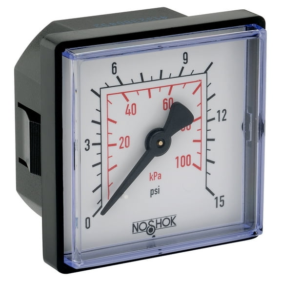 NOSHOK Pressure Gauge, 2" ABS Square Panel Mount, 100 psi/kPa, 1/8 NPT Male/10-32 Female Back Conn