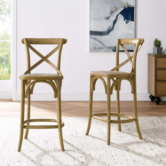 Modway Gear 39.5" Rattan and Elm Wood Counter Stool in Natural Finish