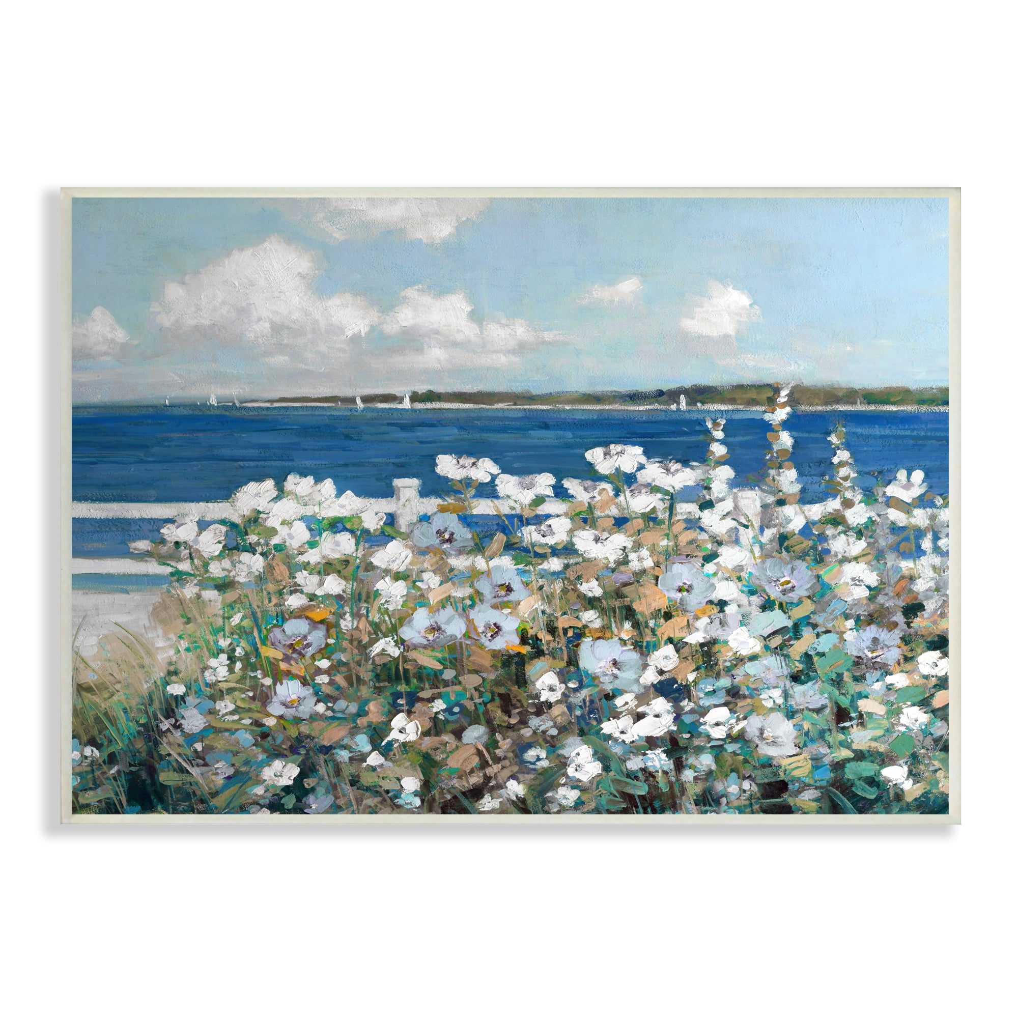 Stupell Industries Beautiful White Flower Bush Seaside Fence Ocean View , 15 x 10, Design by Sally Swatland