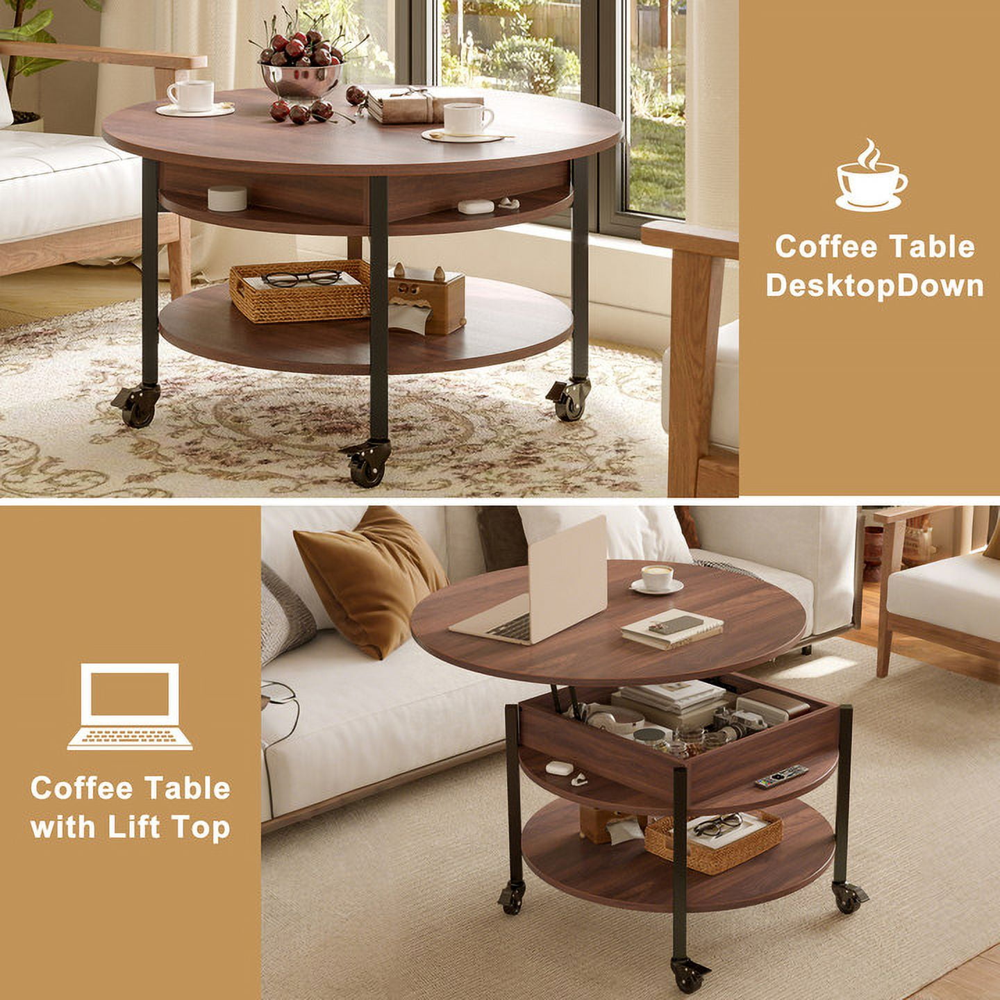 GUNAITO Round Small Lift Top Coffee Table on Wheels with Storage, Modern Farmhouse Center Table with Shelf Small Circle Table for Living Room, Walnut