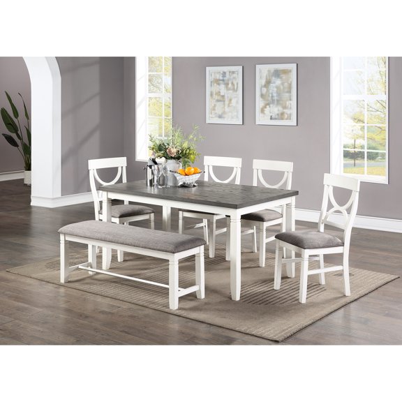 Classic 6pc White Dining Room Array - Table, 4 Chairs, Bench Rubberwood, Foam Back Pad Rectangular Table Contemporary Furniture 6 Pieces Comprising Rubberwood And Cushioned Seats, Tabletop