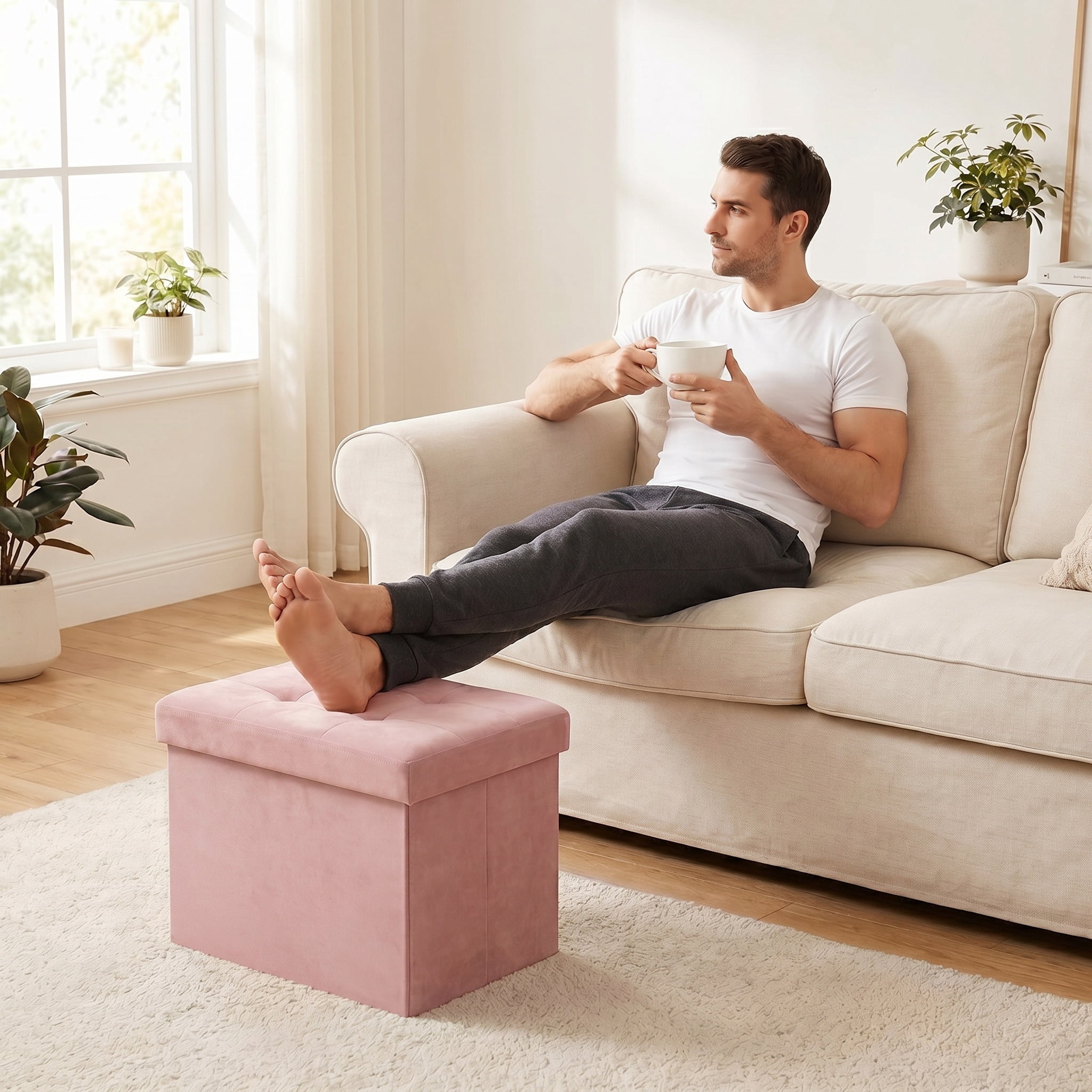 Nordic HyggeFolding Storage Ottoman Footrest, Jelly Pink