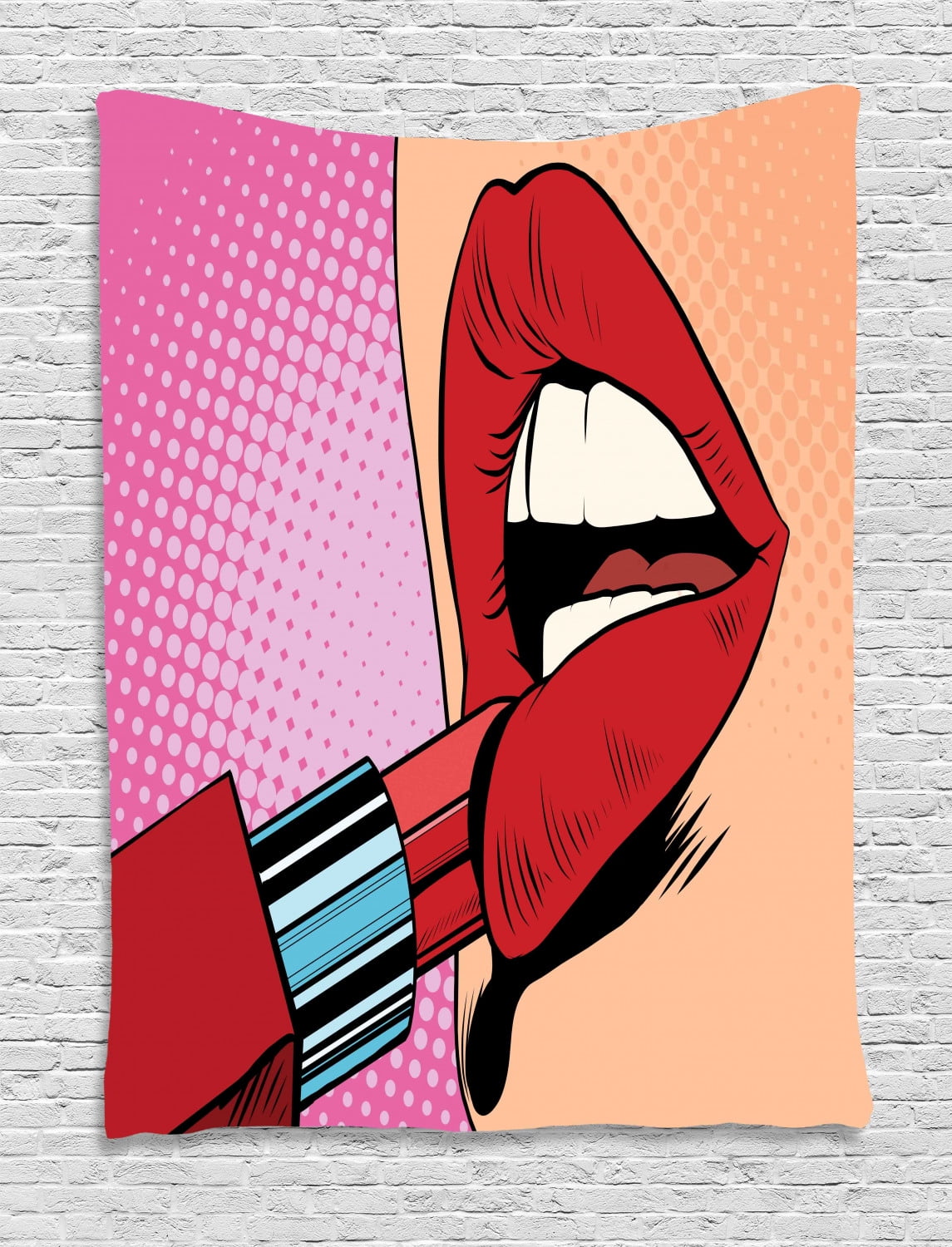 Lips Tapestry, Retro Comic Pop Art Girl Applying Red Lipstick Makeup  Concept Halftone Background, Wall Hanging for Bedroom Living Room Dorm Decor,  60