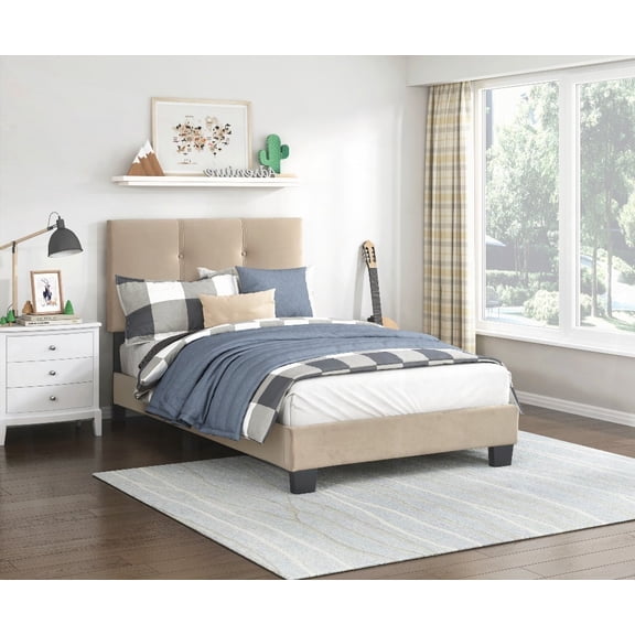 The 1pc Twin Platform Bed in Light Brown Velvet has an Adjustable Height Headboard & Button Tufting, Made of Solid Wood