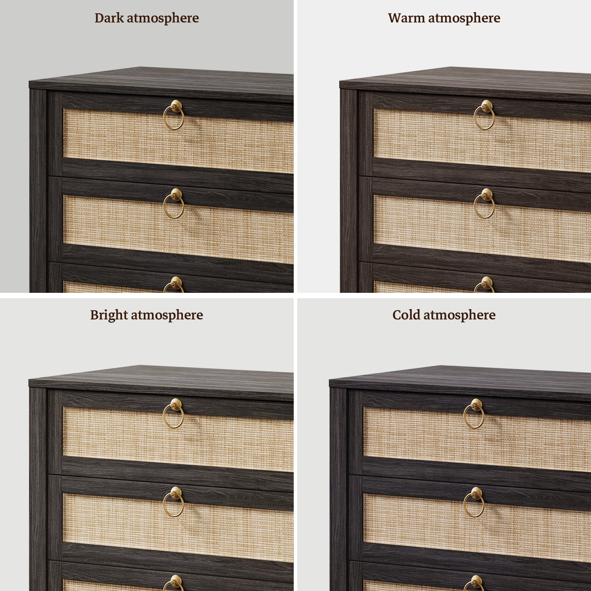 SICOTAS 26.78"W Black Nightstand 3 Drawer Dresser Set of 2, Boho Night Stands Large Nightstand with 3 Drawers, Rattan Beside Table 25.67" Tall End Table for Bedroom Enterway Living Room