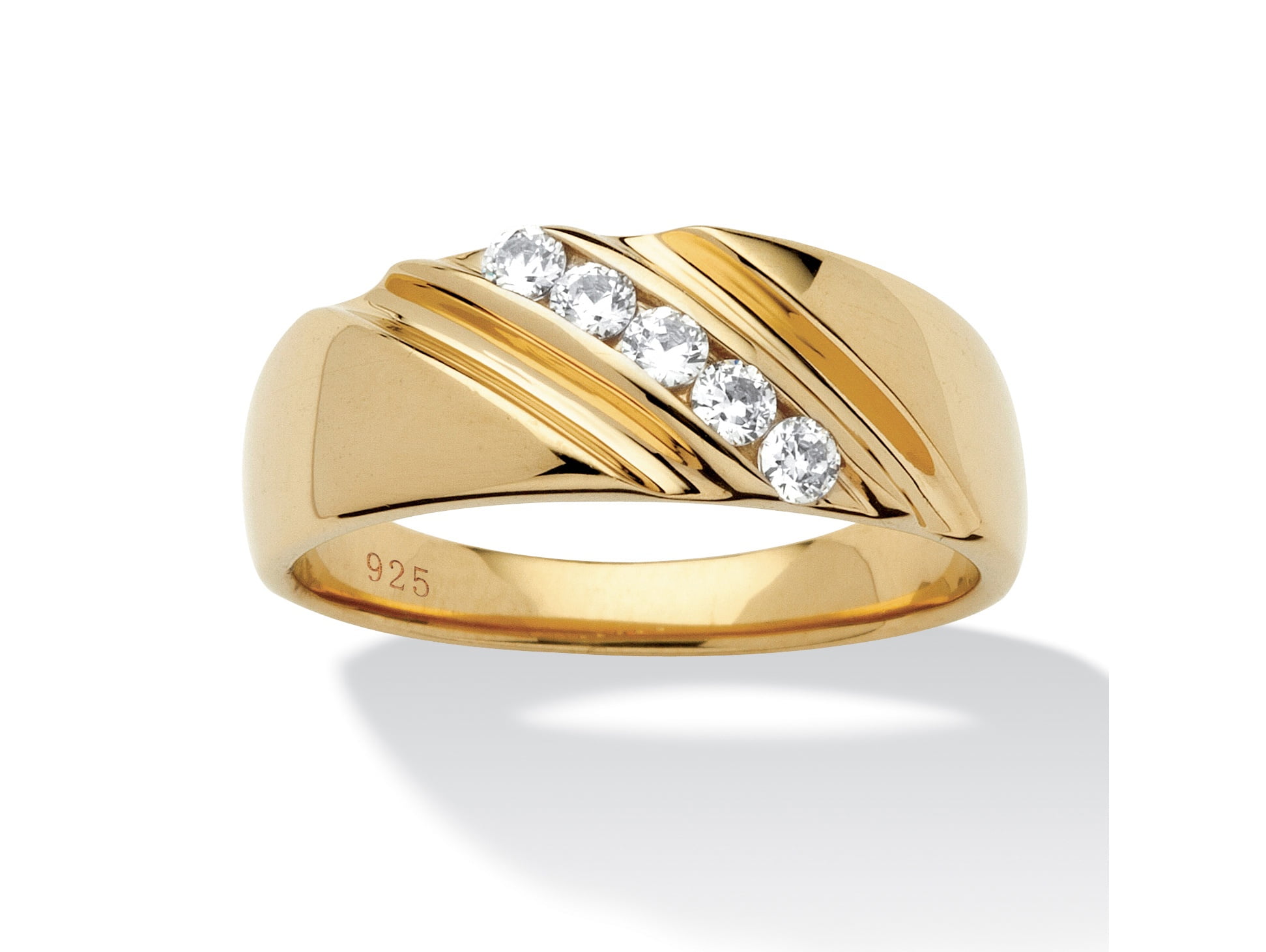 Mens 18K Yellow Gold over Sterling Silver Round Cubic Zirconia Diagonal Two Tone Wedding Band Ring