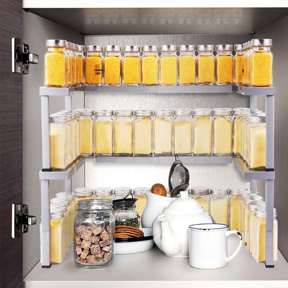 Expandable Spice Rack Organizer for Cabinet & Pantry, Nandae 2 Tier Stackable Adjustable Spicy Shelf, Stable Silver Priumum Iron Rack