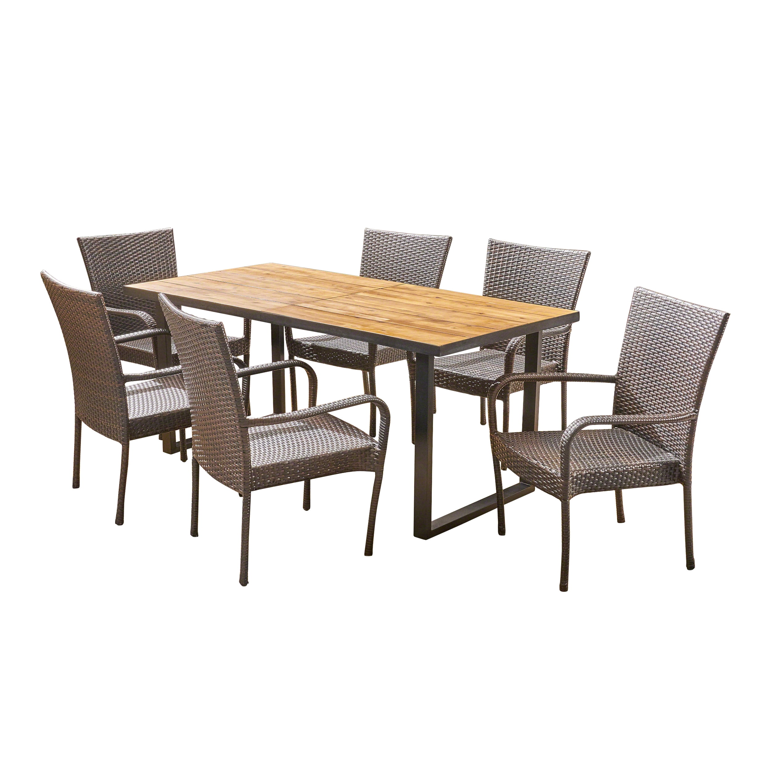 Tatum Outdoor 7 Piece Rectangular Acacia Wood and Wicker Dining Set, Multi Brown, Teak