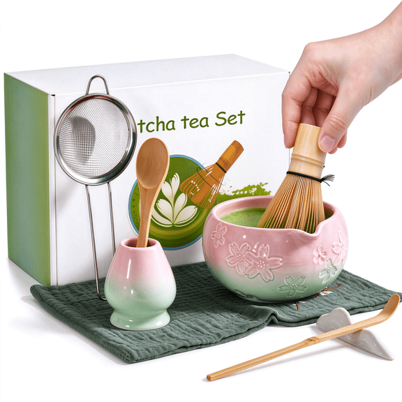 Matcha Set 8 Pcs Ceramic Cherry Design Matcha Whisk Set Include Matcha Bowl, Matcha Whisk and Holder, Bamboo Scoop,Wood Spoon,Scoop Rest, Sifter and Tea Towel,for Matcha Lovers,Gift for beginners