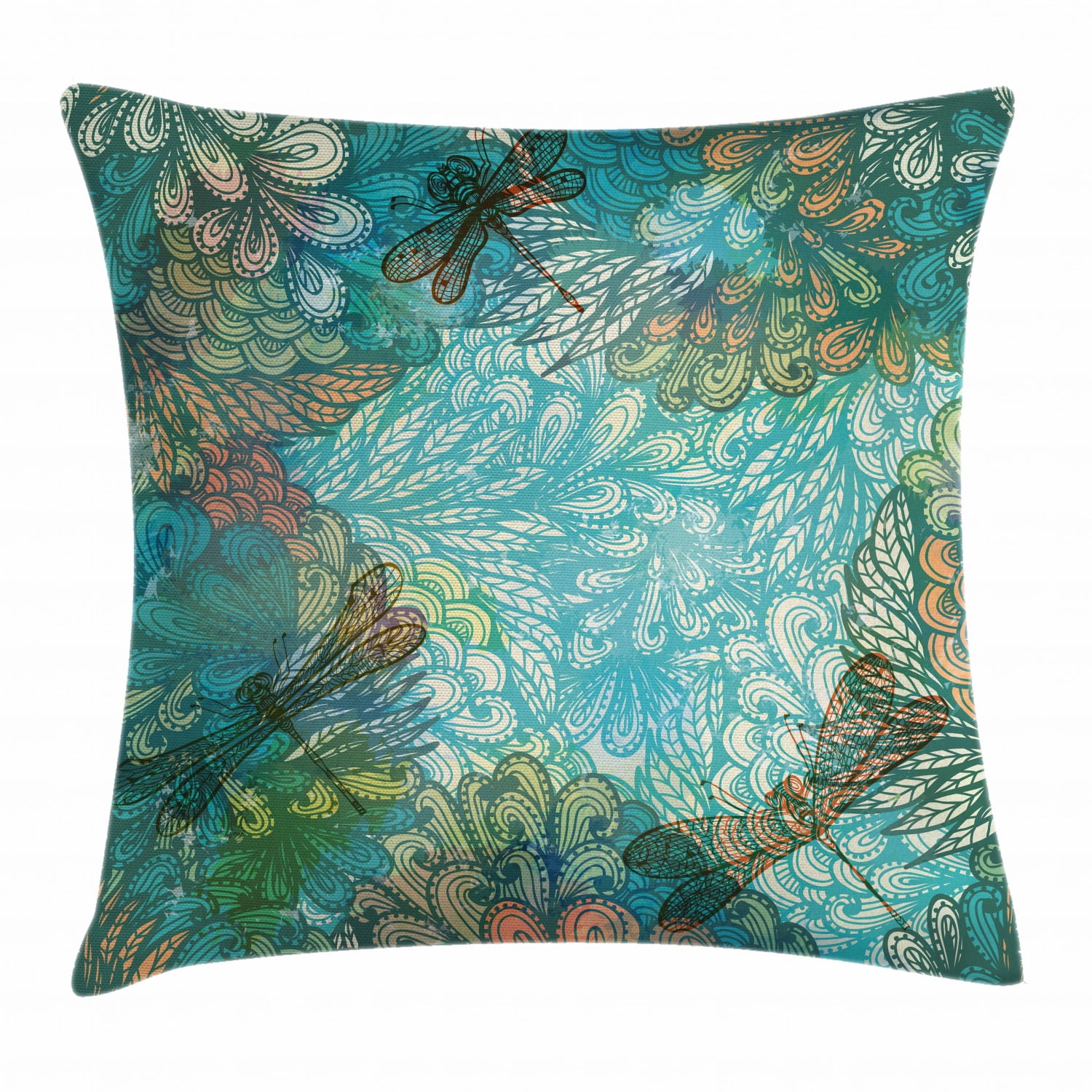 Dragonfly Throw Pillow Cushion Cover, Fantasy Flowers Mixed in Various Tones Shabby Chic