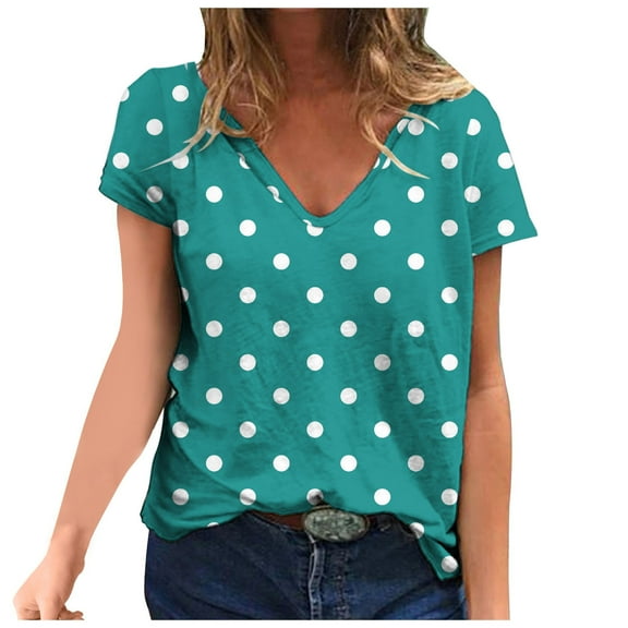 Fmbrln Womens Summer Polka Print Short Sleeve Tops Fashion V Neck Boho T-Shirts Casual Loose Vacation Beach Tees Blouse