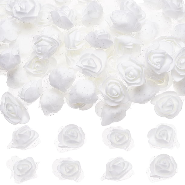 100 rosas de espuma con borde de encaje, blancas, 3D, artificiales, pequeñas
