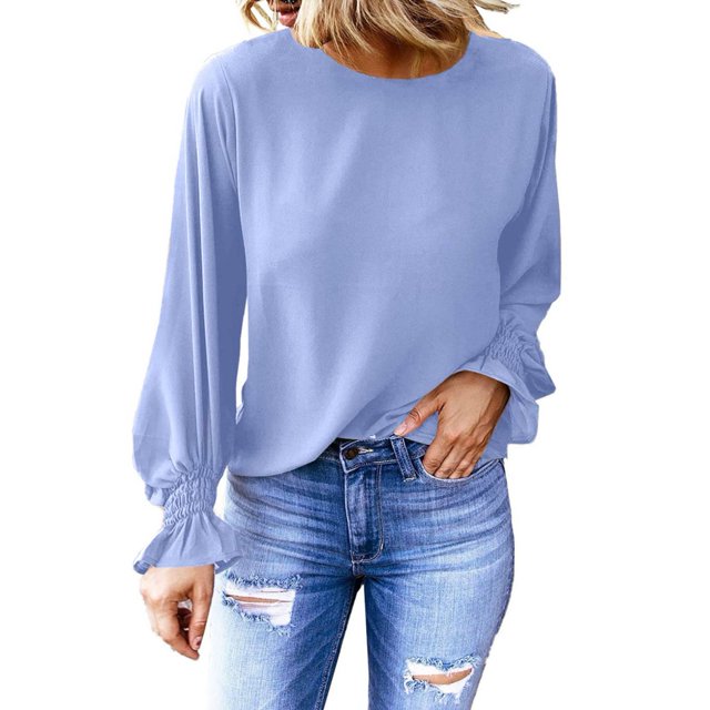 Jersey de cuello redondo y manga larga con volantes, talla XL, primavera/otoño, color azul cielo, manga abullonada