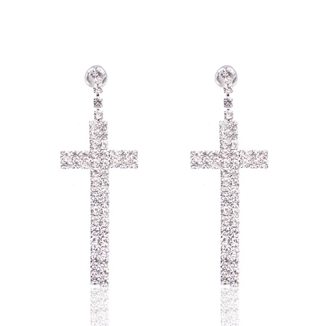 Pendientes colgantes con forma de cruz de diamantes de imitación para mujeres y niñas, chapados en plata, con circonita cúbica, delicados y ligeros